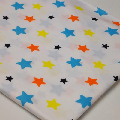 Cotton Knit (Precuts) - Bright Blue, Yellow, Orange, Black Stars on White
