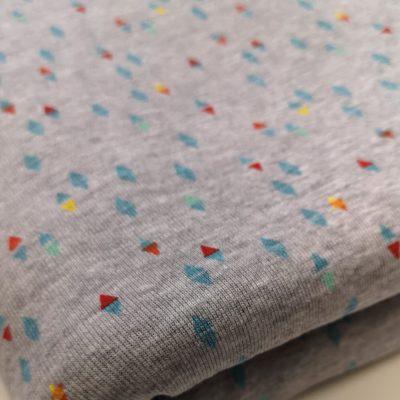 Cotton Knit (Interlock) - Blue Red Yellow Triangles on Grey Melange