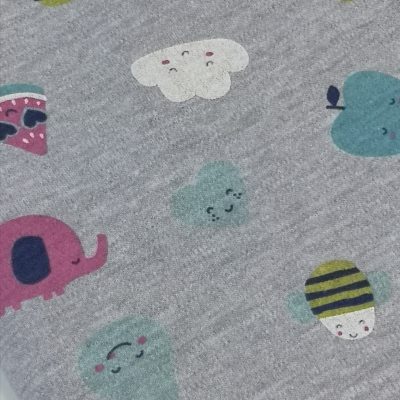 Cotton Knit -  Cute Animals & Fruit on Melange Grey
