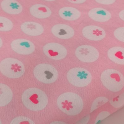 Cotton Knit - Printed White Polkadots with Hearts & Flowers on Pink