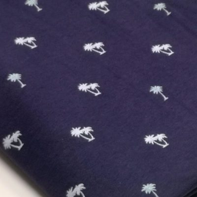 Cotton Lycra 220gms - Imported Printed White Palms on Navy Blue