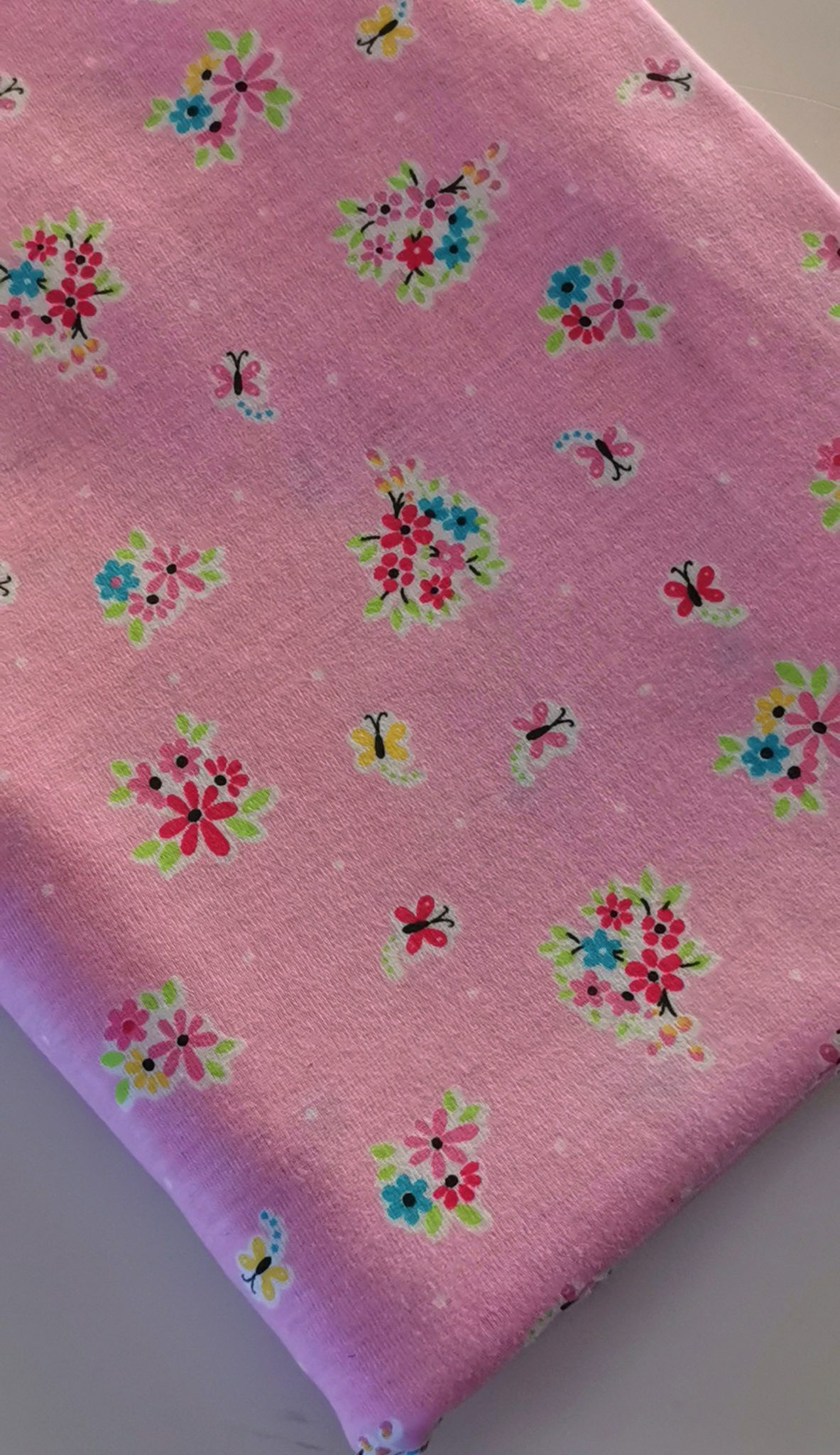 Cotton Knit Illustrated Flowers & Butterflies on Pink FabricStore