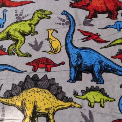 DESTASH - Plush Mongolian Fleece Blanket (2meters x 2m20wide) - Dinosaurs on Light Grey Fleece