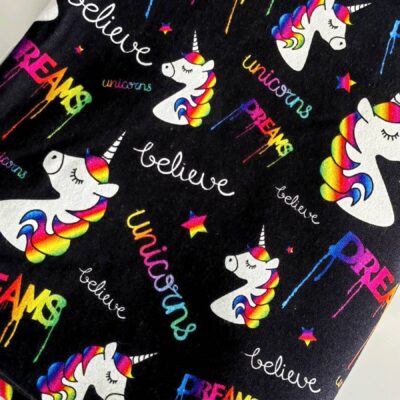 Custom Imported Cotton Lycra 220gms (1m x 1m50wide) - Bright Unicorns on Black