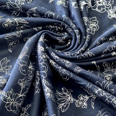Cotton Knit - Silver Foil Floral Design on Navy Blue Knit