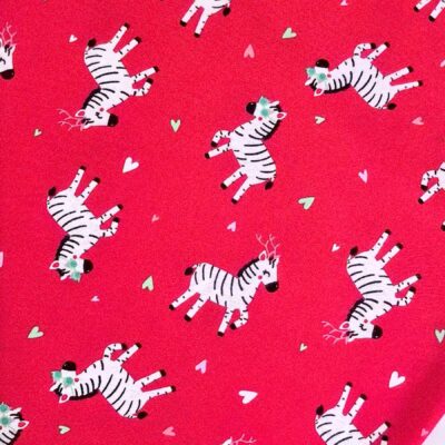 Cotton Knit - White Zebra Reindeer and Hearts  on Red